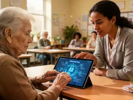 Ältere Person lernt mit jüngerem Lehrer Tablet-Nutzung in hellem Raum, Fokus auf digitale Sicherheit. - Foto: über boerse-global.de