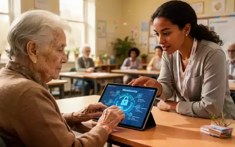 Ältere Person lernt mit jüngerem Lehrer Tablet-Nutzung in hellem Raum, Fokus auf digitale Sicherheit. - Foto: über boerse-global.de