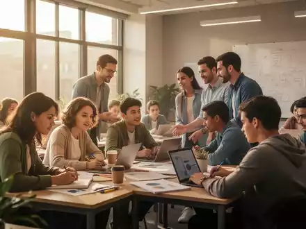 Eine Gruppe von Schülern unterschiedlichen Alters arbeitet gemeinsam in einem hellen, modernen Klassenzimmer, begleitet von Lehrkräften. - Foto: über boerse-global.de