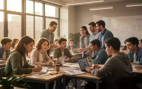 Eine Gruppe von Schülern unterschiedlichen Alters arbeitet gemeinsam in einem hellen, modernen Klassenzimmer, begleitet von Lehrkräften. - Foto: über boerse-global.de