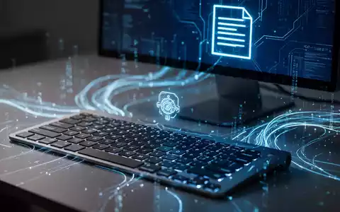 Nahaufnahme einer modernen Computertastatur mit blauen Leuchtlinien, die KI und Datenfluss symbolisieren, neben einem Dokumentensymbol auf dem Bildschirm. - Foto: über boerse-global.de