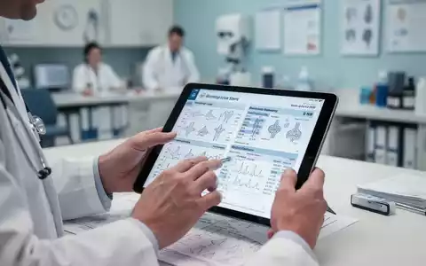 Hände eines Arztes, die medizinische Unterlagen und Laborergebnisse auf einem Tablet in einer Hausarztpraxis überprüfen. - Foto: über boerse-global.de