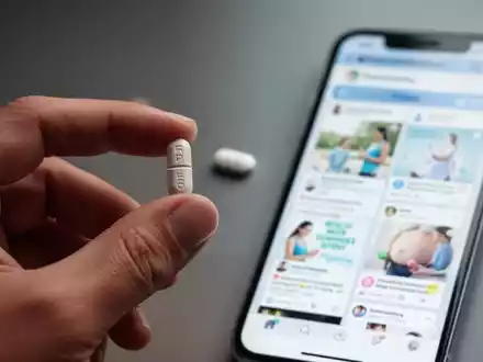 Eine Hand hält eine Pille, im unscharfen Hintergrund sind Social-Media-Feeds auf einem Smartphone zu sehen, die sich auf Gesundheit und Wellness beziehen. - Foto: über boerse-global.de