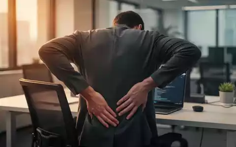 Eine Person sitzt am Schreibtisch und fasst sich an den unteren Rücken, um Rückenschmerzen bei der Arbeit darzustellen. - Foto: über boerse-global.de