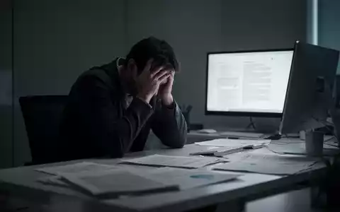 Eine Person sitzt mit dem Kopf in den Händen an einem Schreibtisch in einem schwach beleuchteten Büro, was psychische Belastung darstellt. - Foto: über boerse-global.de