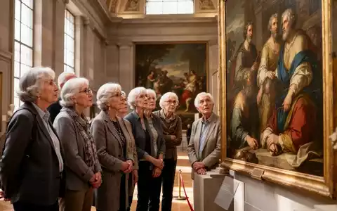Senioren betrachten ein klassisches Gemälde in einem Museum während einer 'Slow Viewing'-Sitzung, die kognitive Fähigkeiten trainiert. - Foto: über boerse-global.de