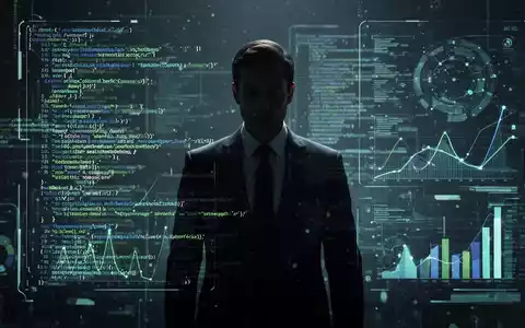 Eine Person im Anzug vor einem digitalen Interface mit Code und Datenvisualisierungen, die Cybersicherheit und Compliance symbolisieren. - Foto: über boerse-global.de