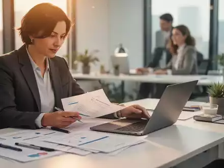 Eine Person (MPU-Berater) sitzt an einem Schreibtisch und prüft Dokumente und einen Laptop. Im Hintergrund ist ein Klient unscharf zu sehen. - Foto: über boerse-global.de