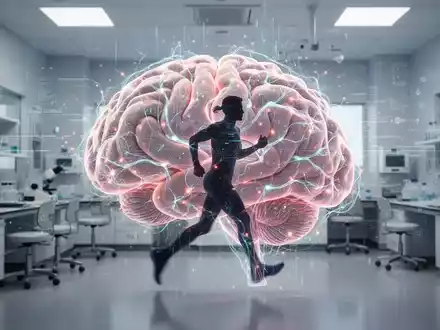 Ein stilisiertes Gehirn mit leuchtenden neuronalen Netzen und digitalen Datenströmen, überlagert von einer Silhouette einer laufenden Person. - Foto: über boerse-global.de