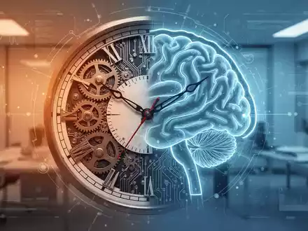 Eine stilisierte Uhr mit Zahnrädern und Schaltkreisen, die in eine Gehirnkontur übergeht. Symbolisiert Selbstmanagement und Büroorganisation. - Foto: über boerse-global.de