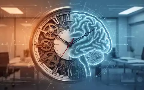 Eine stilisierte Uhr mit Zahnrädern und Schaltkreisen, die in eine Gehirnkontur übergeht. Symbolisiert Selbstmanagement und Büroorganisation. - Foto: über boerse-global.de