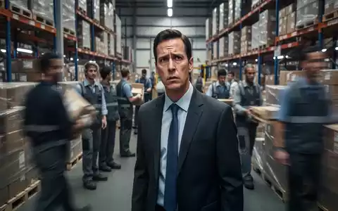 Ein Manager blickt besorgt in einem geschäftigen Logistiklager, während Arbeiter im Hintergrund Pakete bewegen. - Foto: über boerse-global.de