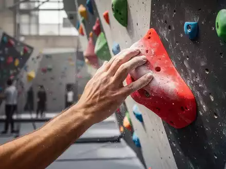 Nahaufnahme der Hände eines Boulderers an einem Klettergriff, mit verschwommenem Hintergrund einer Kletterhalle in Stuttgart. - Foto: über boerse-global.de