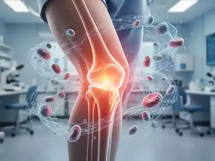 Ein menschliches Kniegelenk, umgeben von abstrakten, leuchtenden Zellstrukturen, die Regeneration und Therapie symbolisieren. - Foto: über boerse-global.de