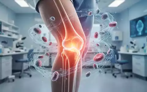 Ein menschliches Kniegelenk, umgeben von abstrakten, leuchtenden Zellstrukturen, die Regeneration und Therapie symbolisieren. - Foto: über boerse-global.de