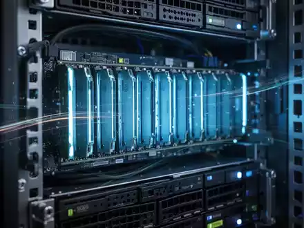 Nahaufnahme von Server-Speichermodulen (RDIMMs) mit blauem Leuchten in einem Rechenzentrumsrack, symbolisiert verbesserte Speicherleistung. - Foto: über boerse-global.de