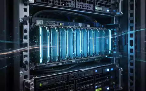 Nahaufnahme von Server-Speichermodulen (RDIMMs) mit blauem Leuchten in einem Rechenzentrumsrack, symbolisiert verbesserte Speicherleistung. - Foto: über boerse-global.de