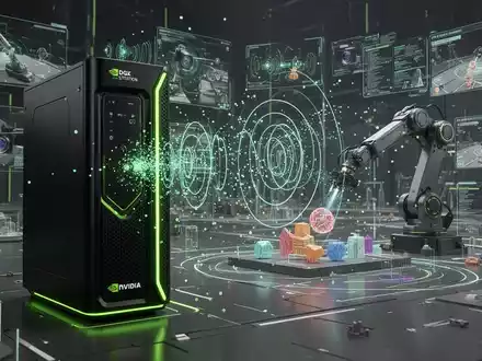Schlanker NVIDIA DGX Station Desktop mit grünen Akzenten, holografischen Sensordaten und virtuellem Roboterarm. - Foto: über boerse-global.de