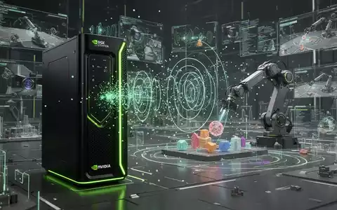 Schlanker NVIDIA DGX Station Desktop mit grünen Akzenten, holografischen Sensordaten und virtuellem Roboterarm. - Foto: über boerse-global.de