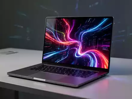 Ein moderner Laptop mit einem lebendigen, hochauflösenden OLED-Bildschirm, der farbenfrohe Grafiken zeigt, auf einem sauberen Schreibtisch. - Foto: über boerse-global.de