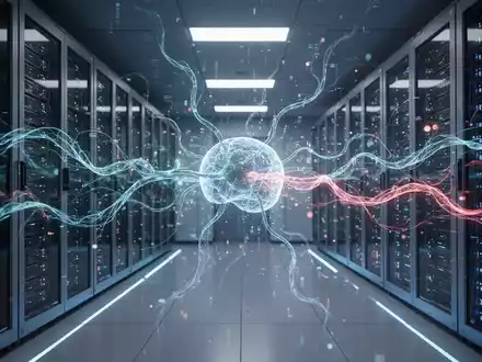 Ein futuristischer Serverraum mit leuchtenden Datenströmen, die ein digitales neuronales Netzwerk darstellen, symbolisiert KI-Fortschritt. - Foto: über boerse-global.de