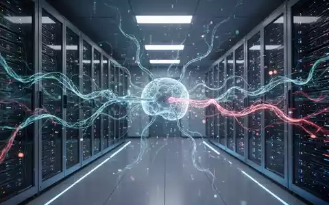 Ein futuristischer Serverraum mit leuchtenden Datenströmen, die ein digitales neuronales Netzwerk darstellen, symbolisiert KI-Fortschritt. - Foto: über boerse-global.de