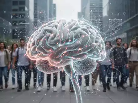 Abstrakte Darstellung eines Gehirns mit leuchtenden neuronalen Pfaden, überlagert von mathematischen Gleichungen und Gruppenverhalten. - Foto: über boerse-global.de