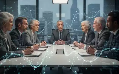Eine vielfältige Gruppe von Menschen diskutiert an einem Konferenztisch, überlagert von digitalen Datenströmen und KI-Symbolen. - Foto: über boerse-global.de