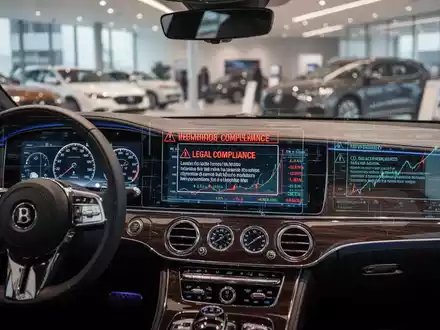 Nahaufnahme des Armaturenbretts eines Luxusautos mit digitalen Anzeigen und Überlagerungen von Warnungen zur Einhaltung gesetzlicher Vorschriften und Finanzdaten. - Foto: über boerse-global.de