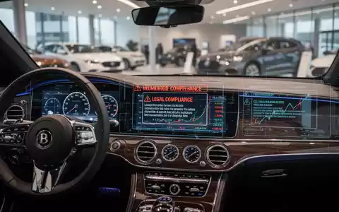 Nahaufnahme des Armaturenbretts eines Luxusautos mit digitalen Anzeigen und Überlagerungen von Warnungen zur Einhaltung gesetzlicher Vorschriften und Finanzdaten. - Foto: über boerse-global.de