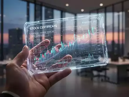 Eine stilisierte Nahaufnahme einer Hand, die ein transparentes, leuchtendes digitales Aktienzertifikat hält, über einem verschwommenen Bürogebäude. - Foto: über boerse-global.de