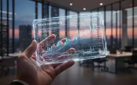 Eine stilisierte Nahaufnahme einer Hand, die ein transparentes, leuchtendes digitales Aktienzertifikat hält, über einem verschwommenen Bürogebäude. - Foto: über boerse-global.de
