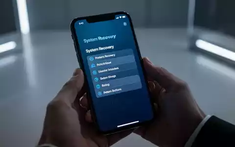 Nahaufnahme eines iPhone-Bildschirms mit Wiederherstellungsmenü, Optionen wie 'Wiederherstellungsassistent' und 'Softwareupdate', in Händen gehalten. - Foto: über boerse-global.de