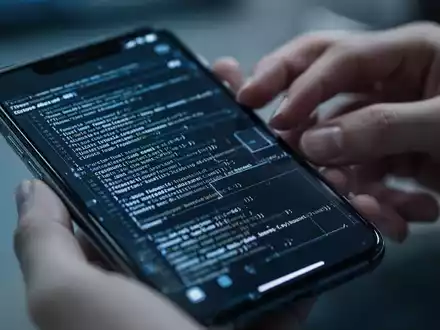 Nahaufnahme eines iPhone-Bildschirms mit abstraktem Code, unscharfe Hände im Hintergrund, symbolisiert Software-Fehlerbehebung. - Foto: über boerse-global.de