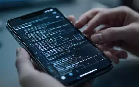 Nahaufnahme eines iPhone-Bildschirms mit abstraktem Code, unscharfe Hände im Hintergrund, symbolisiert Software-Fehlerbehebung. - Foto: über boerse-global.de