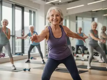 Eine lĂ€chelnde Ă€ltere Frau in Sportkleidung dehnt sich in einem hellen Fitnessstudio mit anderen Senioren im Hintergrund. - Foto: ĂŒber boerse-global.de