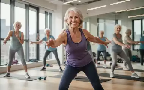 Eine lächelnde ältere Frau in Sportkleidung dehnt sich in einem hellen Fitnessstudio mit anderen Senioren im Hintergrund. - Foto: über boerse-global.de