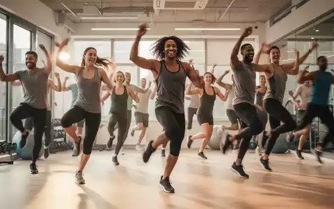 Eine Gruppe von Menschen tanzt dynamisch und energiegeladen in einem modernen Fitnessstudio, um Fitness und Wohlbefinden auszudrücken. - Foto: über boerse-global.de