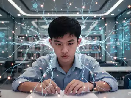 Ein junger vietnamesischer Student konzentriert sich intensiv, umgeben von leuchtenden neuronalen Pfaden und Datenpunkten. - Foto: über boerse-global.de