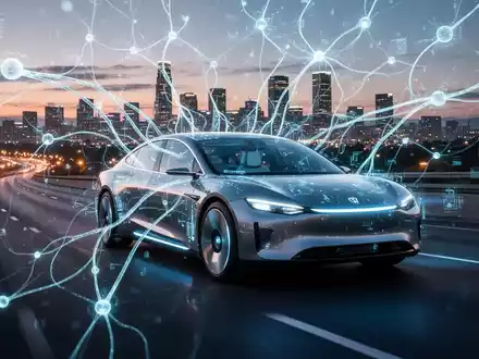 Futuristisches selbstfahrendes Auto auf einer Autobahn in der Dämmerung, mit überlagertem KI-Neuronalnetz und leuchtenden Verbindungslinien zwischen digitalen Knoten. - Foto: über boerse-global.de