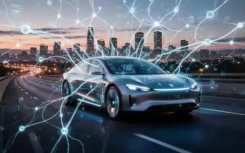 Futuristisches selbstfahrendes Auto auf einer Autobahn in der Dämmerung, mit überlagertem KI-Neuronalnetz und leuchtenden Verbindungslinien zwischen digitalen Knoten. - Foto: über boerse-global.de