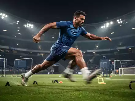 Ein Fußballspieler in Bewegung auf einem Trainingsplatz, der eine Kraftausdauerübung durchführt, mit Fokus auf Muskulatur und Athletik. - Foto: über boerse-global.de