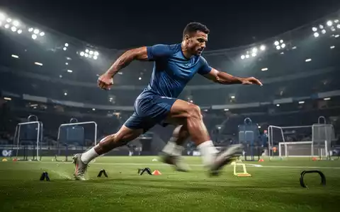 Ein Fußballspieler in Bewegung auf einem Trainingsplatz, der eine Kraftausdauerübung durchführt, mit Fokus auf Muskulatur und Athletik. - Foto: über boerse-global.de