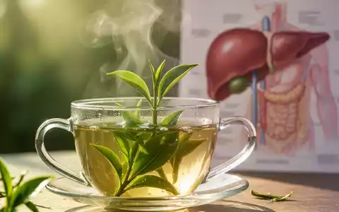Nahaufnahme von grünem Tee in einer Tasse, mit sanftem Licht und einem angedeuteten, gesunden Leberorgan im Hintergrund. - Foto: über boerse-global.de