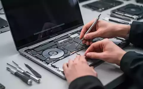 Nahaufnahme eines reparierten MacBook Pro mit sichtbaren Händen und Werkzeugen eines Technikers, Fokus auf die internen Komponenten. - Foto: über boerse-global.de
