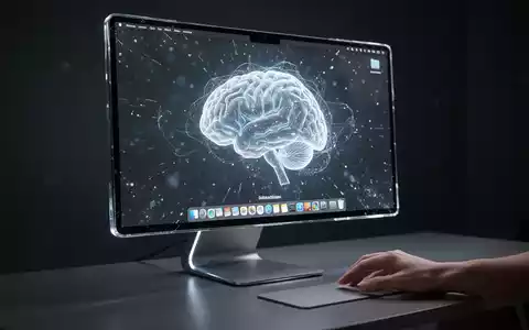 Schlanker Monitor mit futuristischem macOS-Interface im 'Liquid Glass'-Design und abstrakter KI-Gehirn-Grafik. - Foto: über boerse-global.de