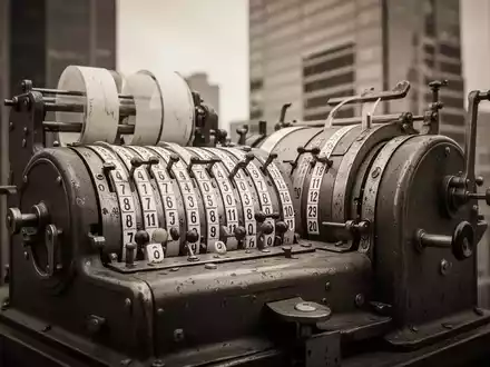 Eine alte Börsenticker-Maschine in Sepia-Tönen, mit einem verschwommenen modernen Finanzviertel im Hintergrund. - Foto: über boerse-global.de