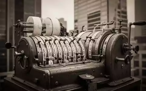 Eine alte Börsenticker-Maschine in Sepia-Tönen, mit einem verschwommenen modernen Finanzviertel im Hintergrund. - Foto: über boerse-global.de