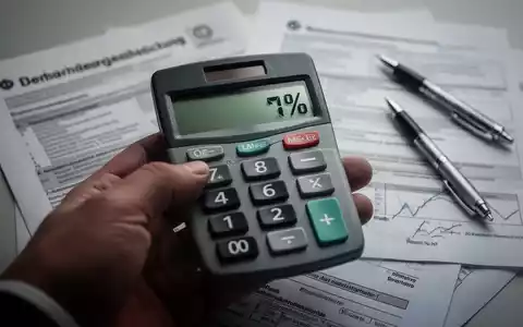 Eine Hand hält einen Taschenrechner, der einen negativen Prozentsatz anzeigt, mit verschwommenen Steuerdokumenten im Hintergrund. - Foto: über boerse-global.de