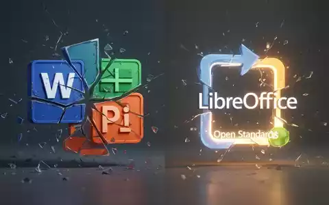 Fragmentiertes Microsoft-Office-Logo neben vollständigem LibreOffice-Logo, Symbol für Formatinkompatibilität und offene Standards. - Foto: über boerse-global.de